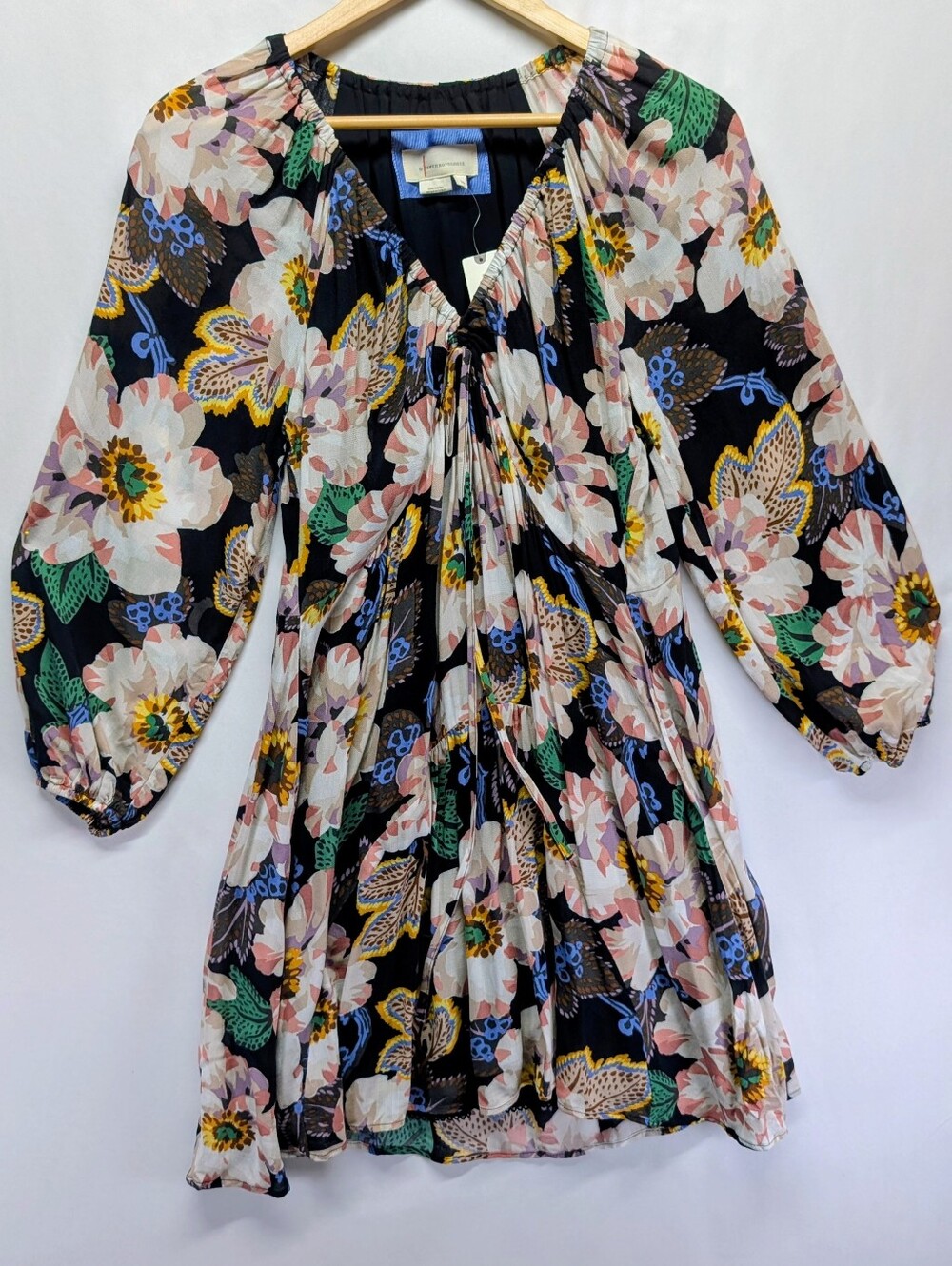 200-Anthropologie Black Floral Tie-Neck Boho Top with Multicolor Print